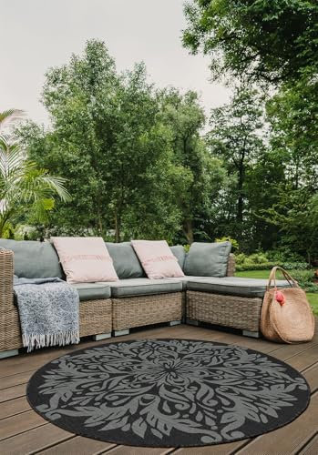 AKCILA Brussels Anthrazit runden Outdoor Teppich 120 cm, Wetterfeste Balkon Teppiche, Sisal Teppich für Terrasse, Küchenteppich waschbar, Kitchen Rug, Balcony Carpet, Outdoorteppich Wetterfest