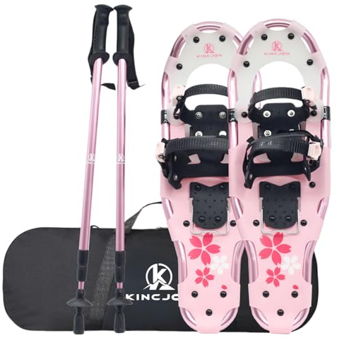 KinZon 3-in-1-Schneeschuhe, leicht und robust, mit Trekkingstöcken und Tragetasche, Fersenerhöhung, perfekt zum Wandern (Rosa Sakura, 63,5 cm (für 54-86 kg))