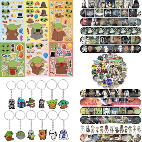 Junyaoii 86PCS Yod Party Mitgebsel,Sterne Wars Kindergeburtstag Gastgeschenke, Sterne Wars Geburtstagsdeko, 12Schlüsselanhänger, 12 Puzzle Aufkleber, 12 Silikonarmband, 50 Aufkleber für Kinder