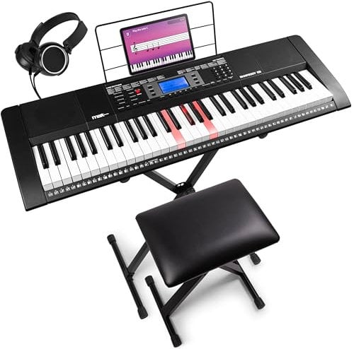 MAX Rhapsody 61 Key Music Keyboard with Light Up Keys - Electronic Keyboard for Beginner & Learner, Adjustable Stand & Stool, 6 Months Lessons Included