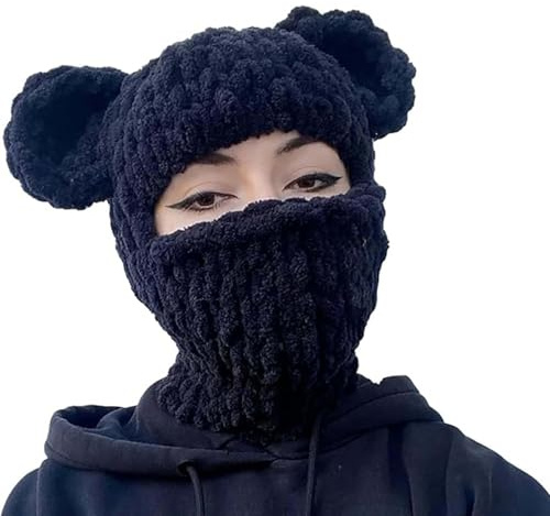 WUODHTW Y2k Skimaske, gestrickt, gehäkelt, Mütze, Schal, Kapuze, Winter, warm, Beanie, Mütze, Totenkopf, Halloween, Sturmhaube, Ohrenhut