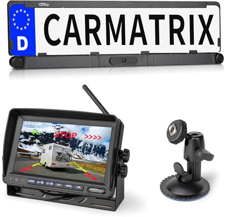 CARMATRIX Solar Funk Auto Rückfahrsystem HD für Wohnmobil, Wohnwagen, Anhänger Rückfahrkamera mit Solarpanel im Nummernschild 7 IPS Monitor Vorne o. Hinten zum Nachrüsten ohne Bohren, Einparkhilfe