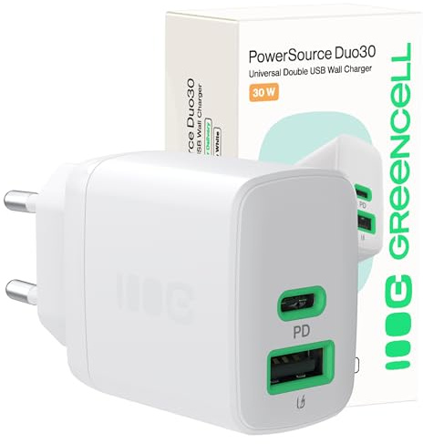 Greencell PowerSource Duo Weiß USB-C Ladegerät 30W mit USB-C & USB-A für iPhone 17/Pro/Pro Max/iPhone Air/16/15, MacBook, Pixel 9, iPad, Samsung Galaxy S25 Ultra/S24 Series