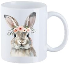 m-creativeworld production Bedruckte Keramik Tasse Ostern, 330 ml, Osterhase mit Blumenkranz Design, Spülmaschinen- und Mikrowellengeeignet, Weiß