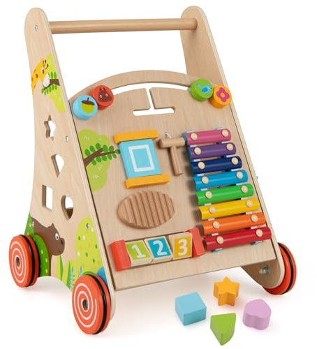 COSTWAY Lauflernhilfe Holz, Baby Lauflernwagen mit Griff, Stauraum und Rädern zum Schieben und Ziehen, Montessori-Lernspielzeug zum Sitzen und Stehen für Kinder ab 1 Jahr