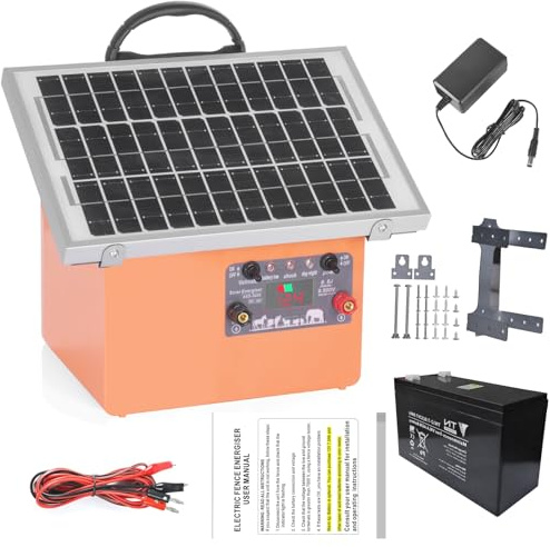 Elektrischer Schäferhund, 32 km, mit Akku, 9500 V, elektrischer Zaun, mit 5 W Solarpanel, 220 V, elektrischer Zaun für Pferde, Tiere, für Bauernhof, Rasen, Garten