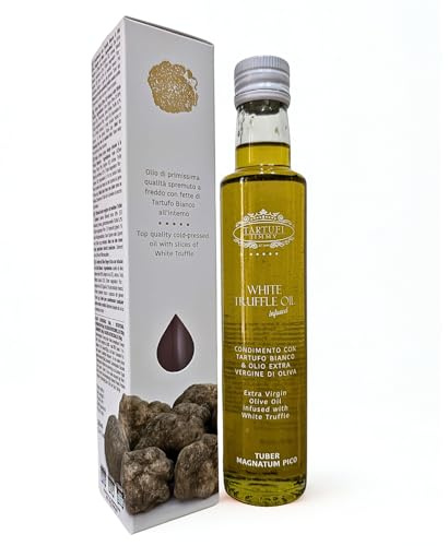Huile d’Olive Extra Vierge à la Truffe Blanche avec Coffret - 250ml | Condiment Gourmet avec Truffe en Tranches | Fabriqué en Italie
