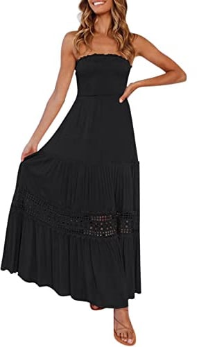 Robe bustier bandeau pour femme - Robe d'été longue bohème sans manches - Robe de soirée avec imprimé - Couleur unie - Taille haute - Avec maille - Robe de plage rétro décontractée - Robe tunique