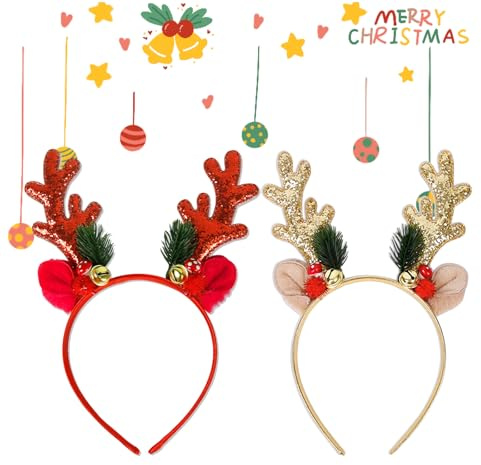 PTBWS 2 Stück Weihnachts Haarreif, Weihnachten Geweih Haarreif, Geweih-Stirnband mit Glöckchen, Weihnachts Rentier Stirnbänder, für Weihnachten Kostüme Zubehör Cosplay Karneval Party
