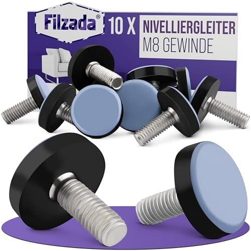 Filzada® 10x PTFE Stellfüße M8 - Nivellierfüße - Möbelfüße mit Gewinde | Teflongleiter zum Schrauben höhenverstellbar - Stuhlgleiter - PTFE-Gleiter mit Gewinde unebene Böden - feuchtigkeitsresistent