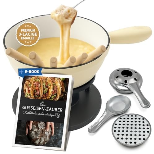 Ottia Fondue Set für 2, 3, 4, 5, 6 Personen aus Gusseisen & Emaille. Als Käsefondue, Fleischfondue, Schokofondue. Induktion geeignet, Schadstofffrei, mit Brenner+Gabeln+Rezeptbuch, Fondü-Set aus HH