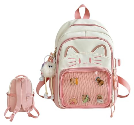 Süße Kawaii Katze Ita Rucksack mit Pin Display - Mädchen & Damen Y2K Schulranzen Nylon Daypack mit Plüsch Charm & 5 Badges 2 Größen