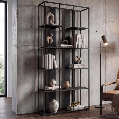 Mendler Regal HWC-P12 180x80x31cm Metall - schwarz, schwarz | Bücherschrank, Hochschrank, Industrial, Melamin, MVG-Zertifiziert