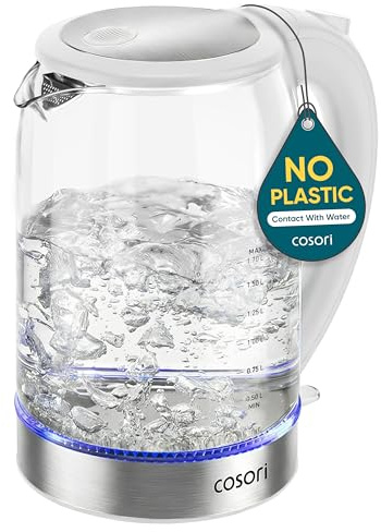 Cosori Electric Kettle, No Plastic Contact With Water, Wide Mouth For Easy Cleaning, Auto Shut Off, 1.7L Tea Kettle & Hot Water Boiler, Water Heater & Teapot, Borosilicate Glass, White, 1500W
