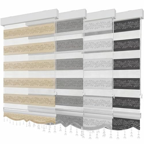 PlisseeOnline Doppelrollo Duorollo mit Alu Kassette und Motiv Rankenmuster und Perlen Blickdicht freihängend Zebra Perde mit Motiv Weiß Silber Glitzer Breite 130 cm Höhe 250 cm