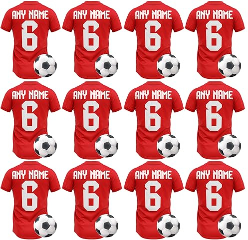 AK Giftshop Personalised Edible Football Shirt Cupcake Toppers – 12 Pack – Custom Name & Number – Wafer Paper Birthday Cake Decorations (RED)