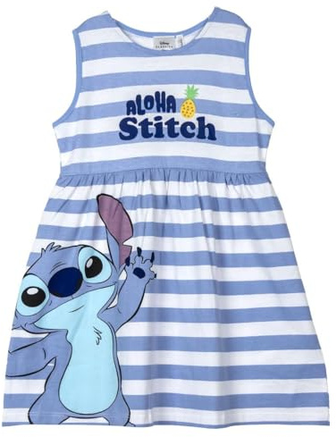 Disney Lilo & Stitch Mädchen Kleid aus 100% Baumwolle, gestreift, leichtes Sommerkleid mit Stitch Motiv, Größen 110-152, bequem Kurzarm