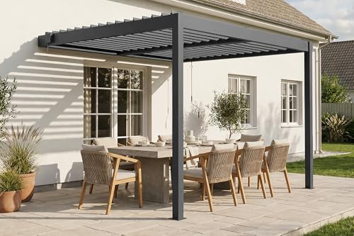 Cazeboo Pergola bioclimatique adossée 3x2,5m Piana Aluminium Gris Anthracite avec 1 persienne Brise-Vue