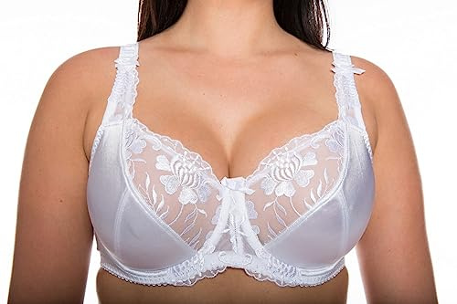 Gemm White Satin Lace Underwired Full Cup Bra 34D to 46J