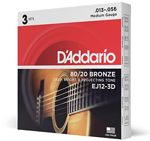 D'Addario Guitar Strings - Acoustic Guitar Strings - 80/20 Bronze - For 6 String Guitar - Deep, Bright, Projecting Tone - EJ12-3D - Medium, 13-56 - 3-Pack