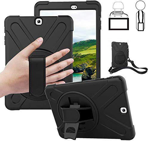 Galaxy Tab S2 9.7 Case - Dropproof Shockproof Heavy Duty Tablet Cover Rotatable Kickstand Handle Stand Hand Strap Shoulder Belt Carrying Case for Samsung SM-T810/T813/T815/T817/T818/T819 9.7 Black