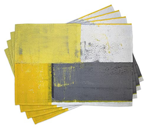 ABAKUHAUS Grey and Yellow Place Mats Set of 4, Pale Yellow Squares, Washable Fabric Placemats for Dining Room Kitchen Table Decor, Grey Yellow