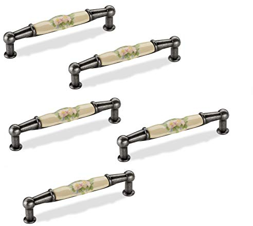 SOTECH 5 x Möbelgriff ETTA BA 96 mm Höhe 26 mm Porzellan/Altsilber Creme Blume Landhausgriff Küchengriff Schubladengriff Türgriff Porzellangriff von Junker Design