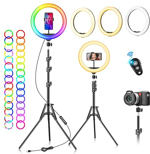 LED Ringlicht mit Stativ Handy 10 Zoll - 40 RGB-modi Dimmbare Selfie Licht Ringleuchte Ring Light Lichtring Ringlampe - Handystativhalter mit Lampe für Smartphone Kamera YouTube Vlog Fotografie