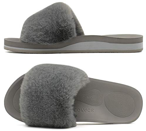 COFACE Womens Slippers with Arch Support Open Toe Faux Fur Women Fluffy Sliders Size 6 Orthopedic Orthotic Ladies House Slippers for Plantar Fasciitis