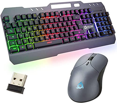 KLIM Unity - FR LAYOUT - Ensemble Clavier et Souris sans Fil AZERTY Nouveau + Durable, Ergonomique + Clavier de Jeu sans Fil rétroéclairé avec Sensation mécanique + Souris pour PC Mac PS4 PS5