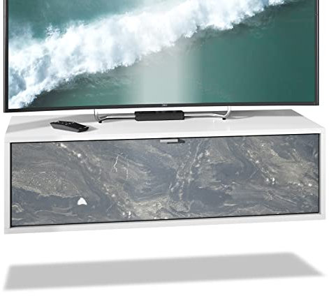 Vladon Meuble TV Lana 100 Armoire Murale lowboard 100 x 29 x 37 cm, Caisson en Blanc Mat, façades en Marbre Graphite | Grand Choix de Couleurs