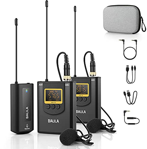 BALILA Microfono Lavalier Wireless per Smartphone Phone Android Fotocamera- UHF Sistema Microfono Senza Fili con 2 trasmettitore +1 ricevitore per Podcast Studio Registrazione Videocamera Youtube