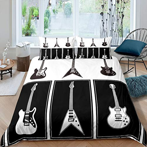 Guitar Duvet Cover Set Music Guitar Decor Bedding Set for Kids Boys Girls Rock Music Themed Comforter Cover Musical Instruments Black White Bedding & Linen Bedroom 3Pcs King Size