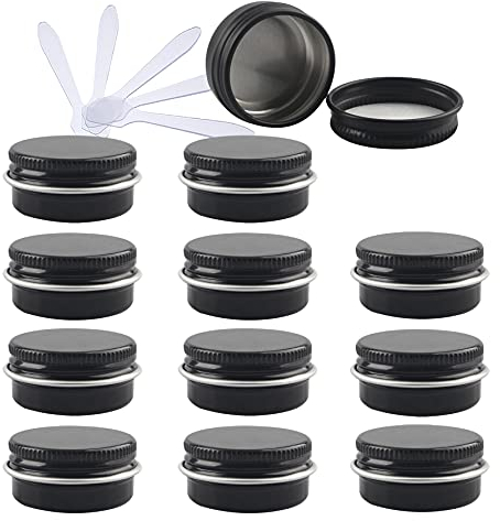 ZEOABSY 24 Pieces 10ml Gloss Black Empty Round Aluminium Tins with Screw Lids Storage Jars Cosmetics Containers Pots for Candle Lip Balm Salve Powder Crafts with 6 Spatula