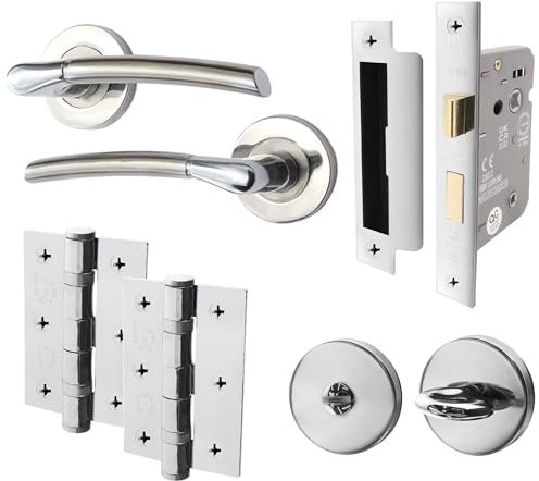 EAI Internal Door Handle Bathroom Set Duo Finish | 1 Pair Satin Nickel and Polished Chrome Lever on Rose Round | Lock (64mm), Hinges (76mm), Turn & Release