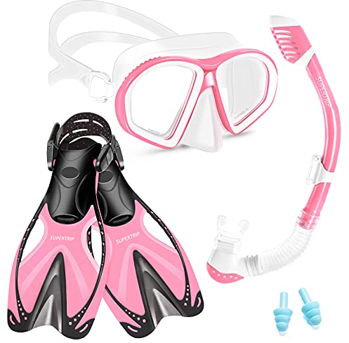 Supertrip Kinder Schnorchelset 3-teilig, Schnorcheln Set mit Flossen, Taucherbrille mit Tempered Glas, Verstellbaren Schwimmflossen, Premium Dry Schnorchel für Kinder Junior