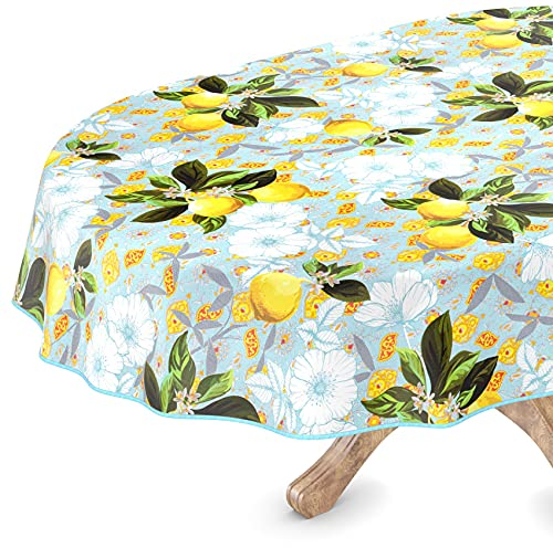 Tischdecke abwaschbar Wachstuch Wachstuchtischdecke Oval 140 x 280cm mit Saum Zitronen Gartentischdecke Wachstuch