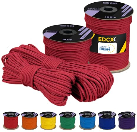EDCX 4 mm Polyester Paracord 550 25+ Farben (15, 30 und 50 m) – Typ III, 100% Nylonseil, 7 Litzen Seil, 4mm Nylonseil in vielen Farben | Solid Colors (Red, 15 m)
