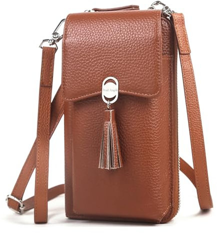 Pearl Angeli Weiches Echtes Leder Handy Umhängetasche - Handytasche Geldbörse Damen RFID Schutz kleine Crossbody Tasche (B-Braun)