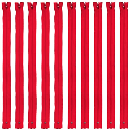 Faden & Nadel Reißverschluss Set: 10 Nylon Reißverschlüsse, nicht teilbar, 40 cm lang, rot