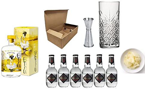 KIT JAPANESE GIN & TONIC Etsu Double Gin Limited Edition + Yuzu Tonic Water + Bicchiere Tumbler Alto + Jigger Professionale + Zenzero fresco a fette ideale per l'abbinamento !