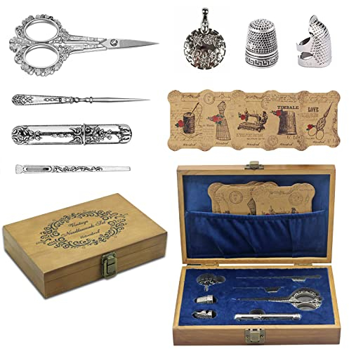 NOTIONSLAND Nähset, Holz Aufbewahrungsboxen Stickerei Schere Kit, mit Stickschere, Nadeletui, Ahle, Nähen Fingerhut, Einfädler zum Nähen, Silber