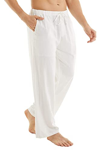 YuKaiChen Herren Leinenhose Herren Lang Sommerhose Weit Leicht Loose Fit Freizeithose Yoga Urlaub Strandhose mit Kordelzug Weiß XL