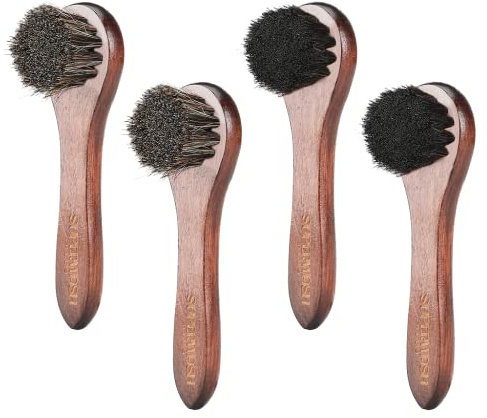 Horsehair Shoe Polish Applicator Brush, Soft Horse Hair Bristles Dauber Leather Care Brush for Shoes, Boots, Bags - 2 Pack Grey Bristle + 2 Pack Black Bristle Brush Included