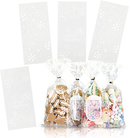 Bäcker & Lecker 100 PCS Cellophantüten Weihnachten Cellophantaschen Schneeflocken Plätzchentüten Keksbeutel zum Befüllen Plastik 27 x 13 cm mit Twist Bindebänder für Süßigkeiten Gebäcke Geschenkkörbe
