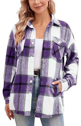 SANGTREE Camicia da donna in flanella, a maniche lunghe, con bottoni, a quadri, 3 mesi, Giacca scozzese Yf5 - Viola, XX-Large