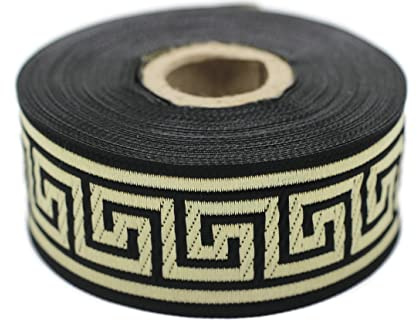 35062 Band mit Jacquard-Bordüre, 3,5 cm breit, schwarz-goldfarben, bestickt, gewebte Bordüre, Vintage-Bordüre