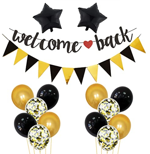 Decoración de bienvenida negra para fiesta familiar, juego de decoración con pancarta de bienvenida y globo para fiestas, festivales, decoración de regreso a la escuela, actividades familiares (negro)