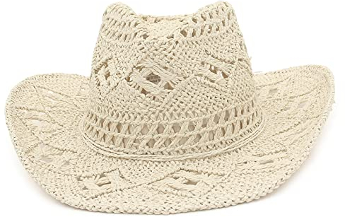EOZY Men & Women's Summer Cowboy Cowgirl Straw Hat Hollow Out Style Roll Up Brim Beach Sun Hat for Ladies Khaki