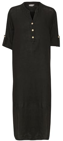 Cream Women's Maxi Dress Loose Fit V-Neck Buttons 3/4 Sleeves Side Slits, Pitch Black, S-M